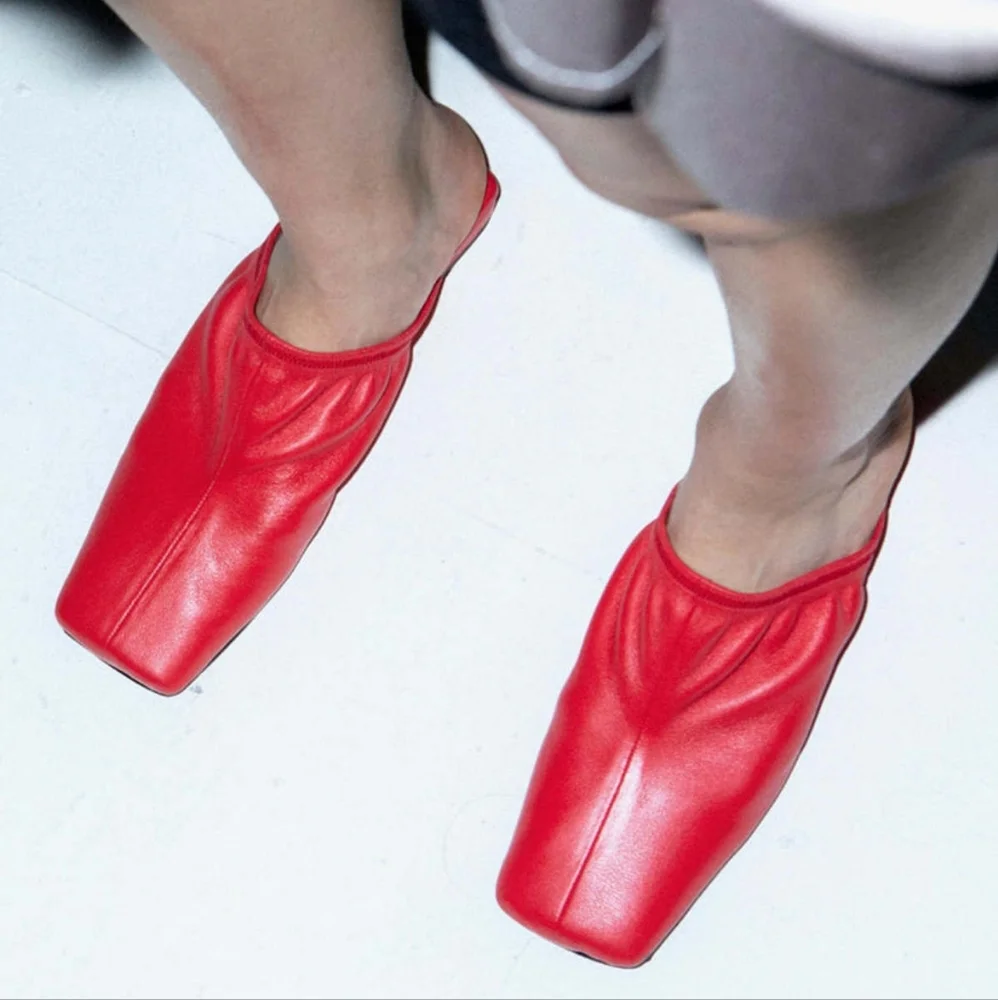 Dubie Red Leather Slip-On Mule Flats - Picture 5 of 13